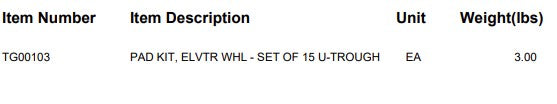 PAD KIT, ELVTR WHL - SET OF 15 U-TROUGH