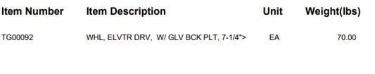 WHL, ELVTR DRV,  W/ GLV BCK PLT, 7-1/4">