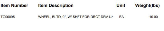 WHEEL, BLTD, 9", W/ SHFT FOR DRCT DRV U>